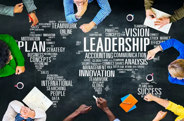 A group of people collaborates around a table covered with keywords related to leadership, teamwork, and innovation, promoting strategic planning.